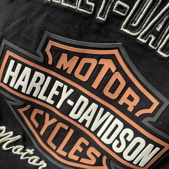 Harley-Davidson Black and Orange V-neck Vintage Logo Tee Embroidered - Picture 4 of 5